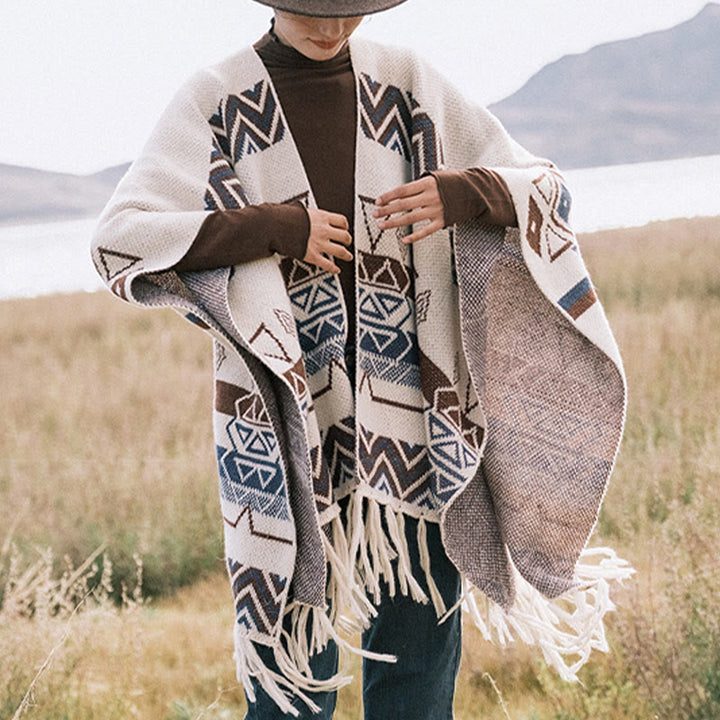 Chal de borlas con diseño geométrico de rayas onduladas tibetanas y Buddha Stones para otoño e invierno