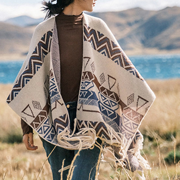 Chal de borlas con diseño geométrico de rayas onduladas tibetanas y Buddha Stones para otoño e invierno