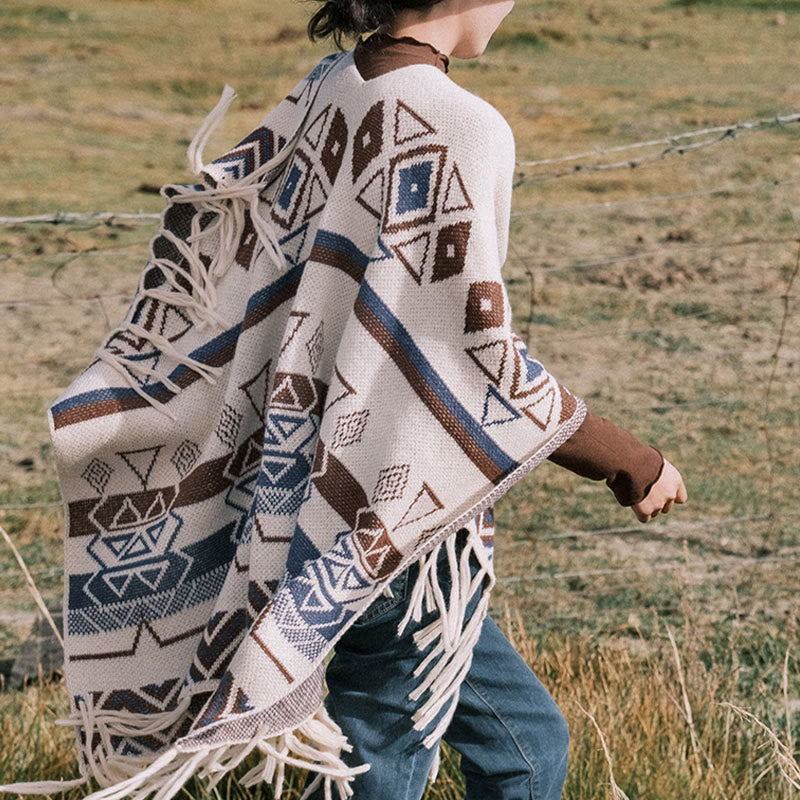 Chal de borlas con diseño geométrico de rayas onduladas tibetanas y Buddha Stones para otoño e invierno