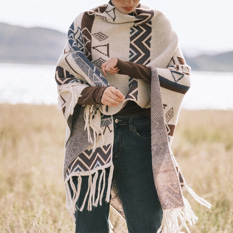 Chal de borlas con diseño geométrico de rayas onduladas tibetanas y Buddha Stones para otoño e invierno