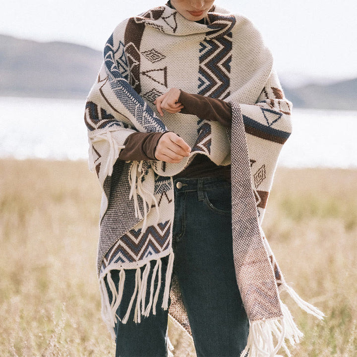 Chal de borlas con diseño geométrico de rayas onduladas tibetanas y Buddha Stones para otoño e invierno