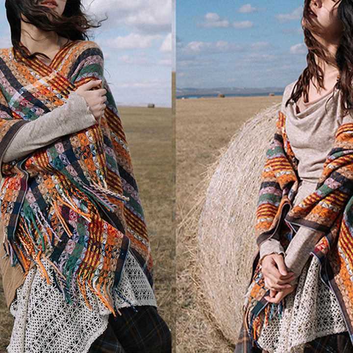 Chal de borlas con diseño geométrico de rayas coloridas tibetanas con Buddha Stones para otoño e invierno, bufanda suave