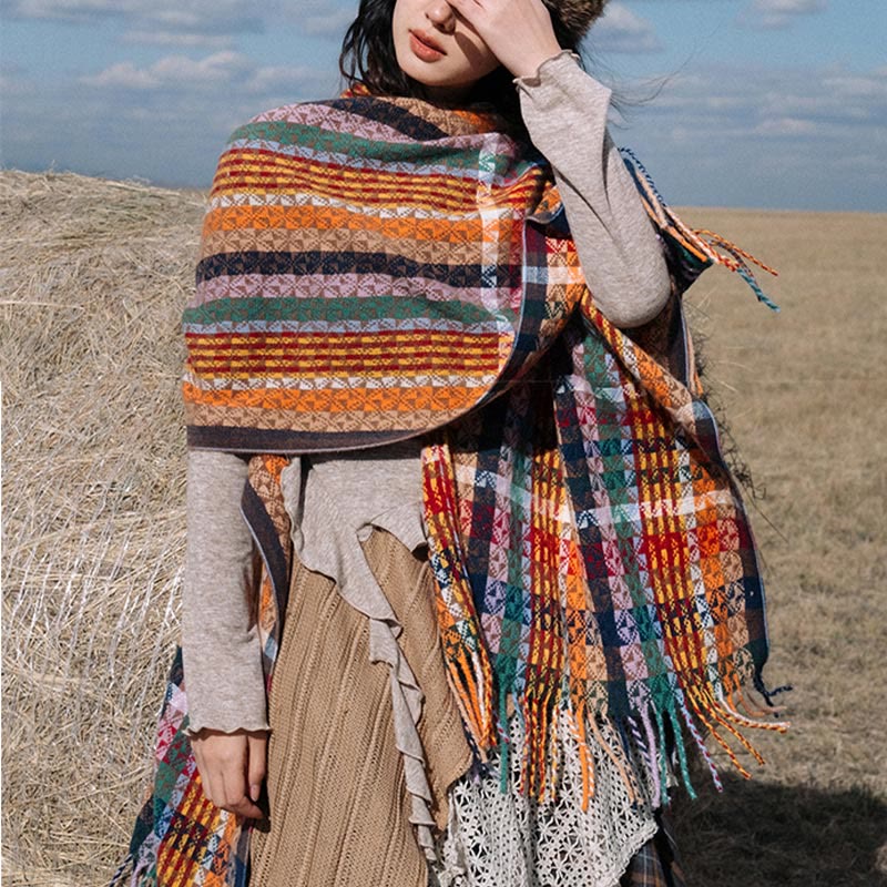 Chal de borlas con diseño geométrico de rayas coloridas tibetanas con Buddha Stones para otoño e invierno, bufanda suave - image 5