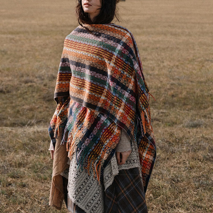 Chal de borlas con diseño geométrico de rayas coloridas tibetanas con Buddha Stones para otoño e invierno, bufanda suave