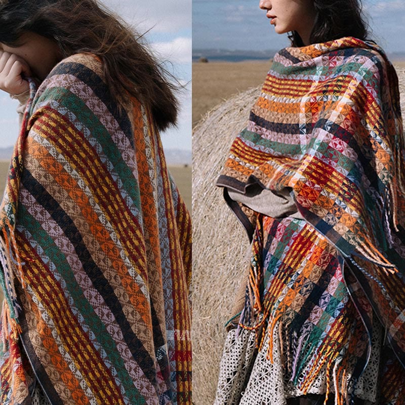 Chal de borlas con diseño geométrico de rayas coloridas tibetanas con Buddha Stones para otoño e invierno, bufanda suave
