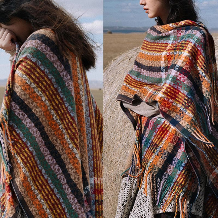 Chal de borlas con diseño geométrico de rayas coloridas tibetanas con Buddha Stones para otoño e invierno, bufanda suave