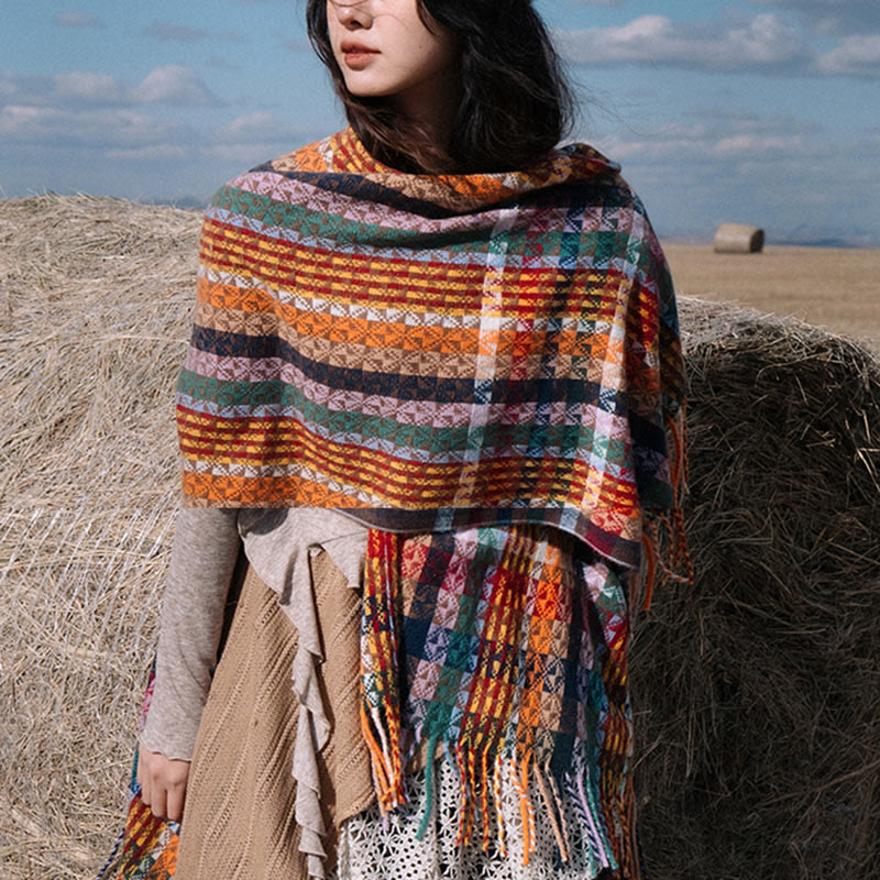 Chal de borlas con diseño geométrico de rayas coloridas tibetanas con Buddha Stones para otoño e invierno, bufanda suave - image 10