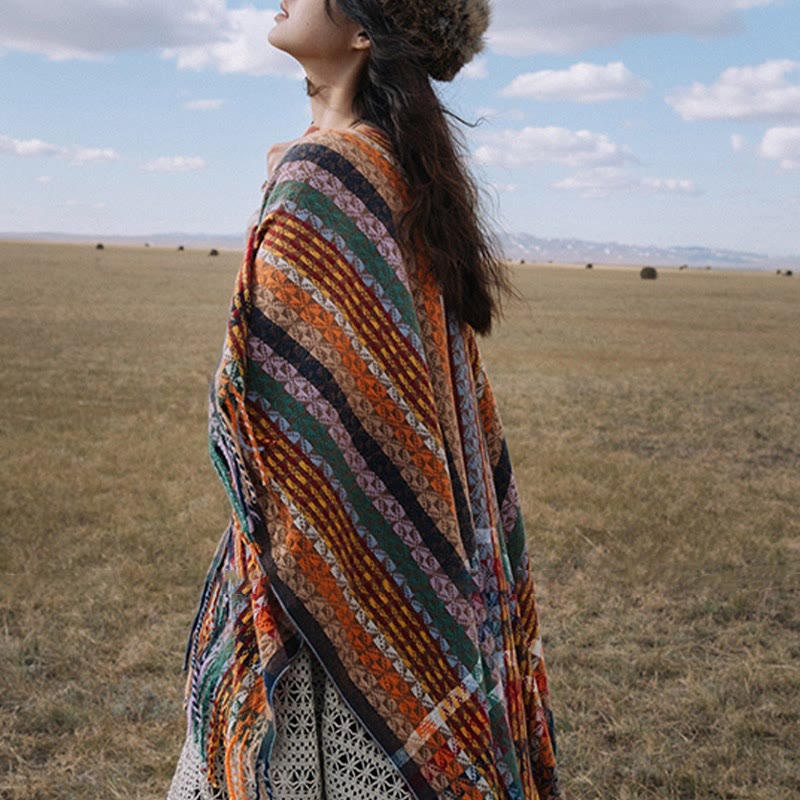 Chal de borlas con diseño geométrico de rayas coloridas tibetanas con Buddha Stones para otoño e invierno, bufanda suave - image 4
