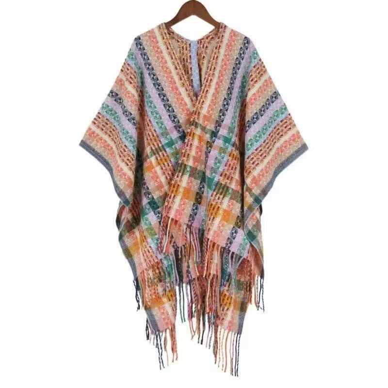 Chal de borlas con diseño geométrico de rayas coloridas tibetanas con Buddha Stones para otoño e invierno, bufanda suave