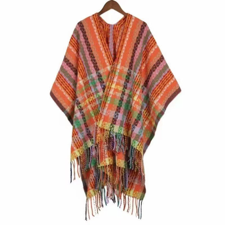 Chal de borlas con diseño geométrico de rayas coloridas tibetanas con Buddha Stones para otoño e invierno, bufanda suave - Naranja oscuro - 130 x 150 cm - image 22