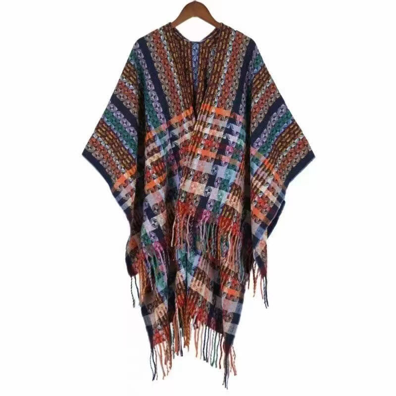 Chal de borlas con diseño geométrico de rayas coloridas tibetanas con Buddha Stones para otoño e invierno, bufanda suave - Tierra de siena - 130 x 150 cm - image 23