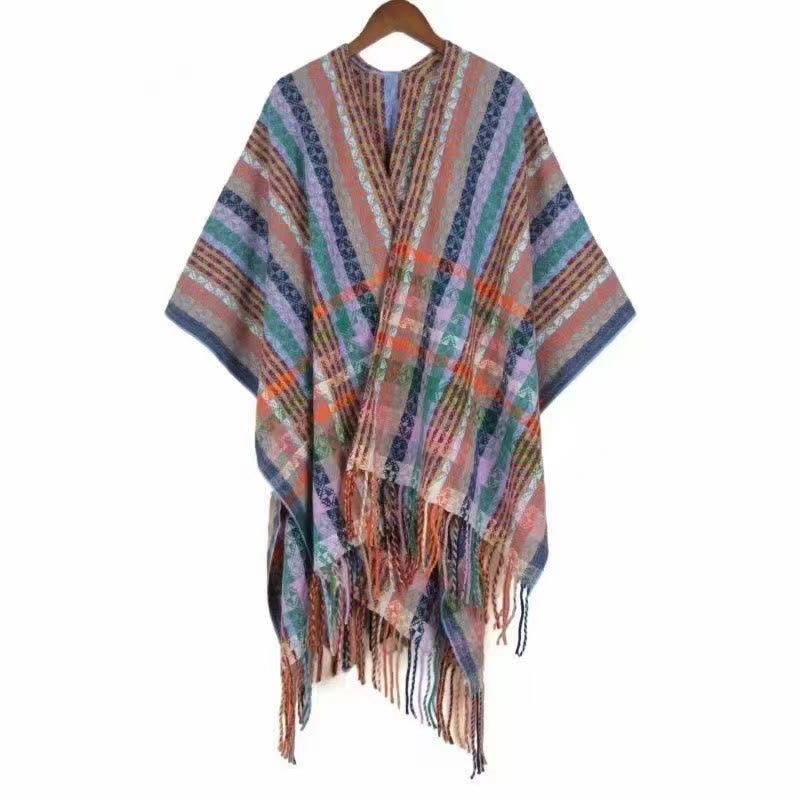Chal de borlas con diseño geométrico de rayas coloridas tibetanas con Buddha Stones para otoño e invierno, bufanda suave - Ciruela - 130 x 150 cm - image 24