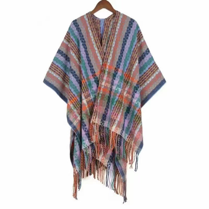 Chal de borlas con diseño geométrico de rayas coloridas tibetanas con Buddha Stones para otoño e invierno, bufanda suave - Ciruela - 130 x 150 cm - image 24