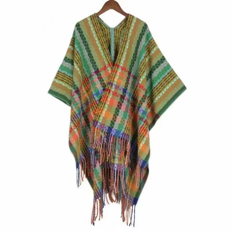 Chal de borlas con diseño geométrico de rayas coloridas tibetanas con Buddha Stones para otoño e invierno, bufanda suave - Verde claro - 130 x 150 cm - image 25