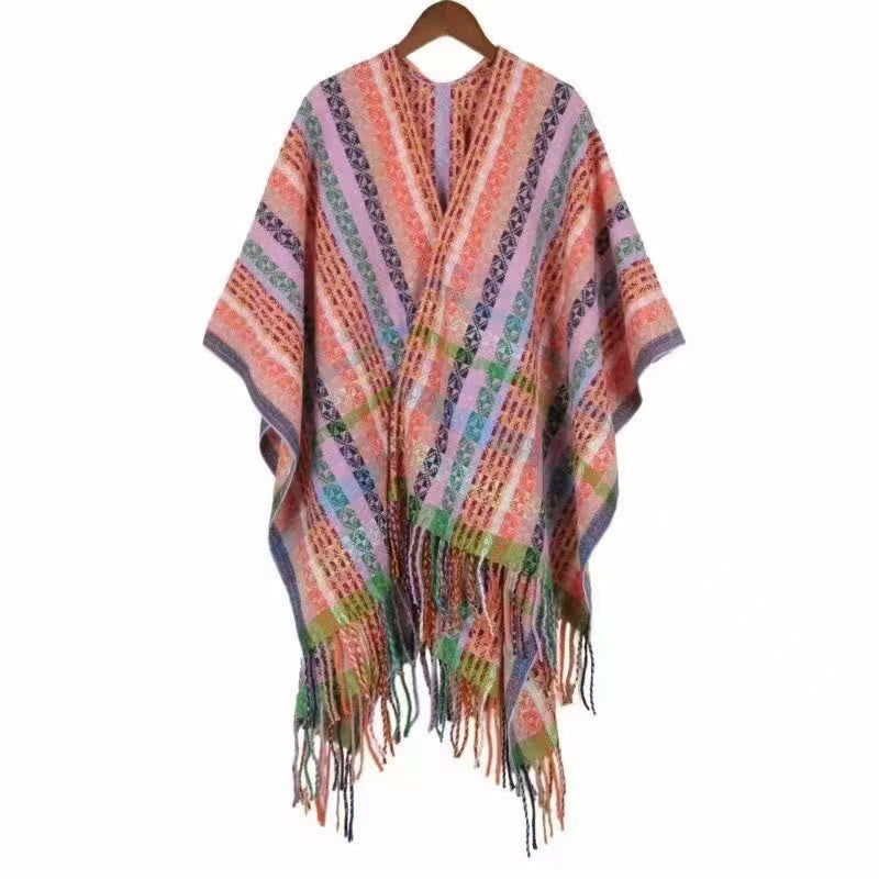 Chal de borlas con diseño geométrico de rayas coloridas tibetanas con Buddha Stones para otoño e invierno, bufanda suave - Rosa claro - 130 x 150 cm - image 26