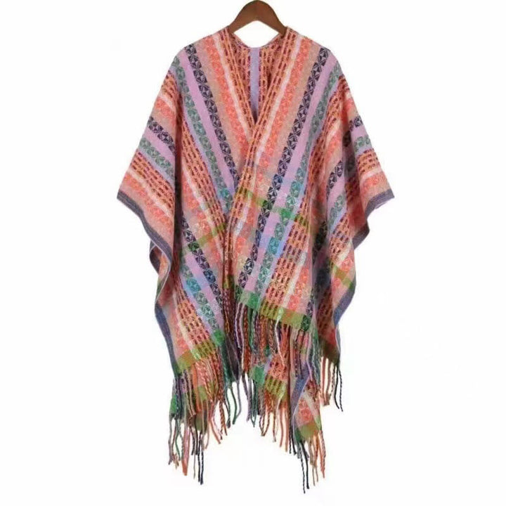 Chal de borlas con diseño geométrico de rayas coloridas tibetanas con Buddha Stones para otoño e invierno, bufanda suave - Rosa claro - 130 x 150 cm - image 26