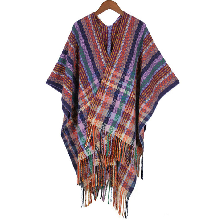 Chal de borlas con diseño geométrico de rayas coloridas tibetanas con Buddha Stones para otoño e invierno, bufanda suave - Orquídea - 130 x 150 cm - image 27