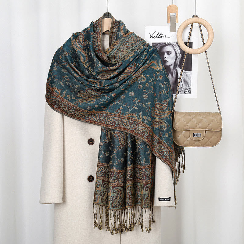 Chal con borlas y estampado de flores de anacardo tibetano con Buddha Stones para otoño e invierno, bufanda suave