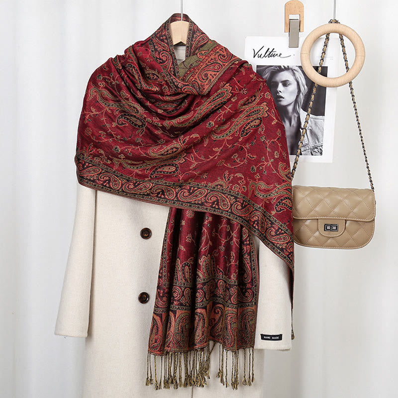 Chal con borlas y estampado de flores de anacardo tibetano con Buddha Stones para otoño e invierno, bufanda suave