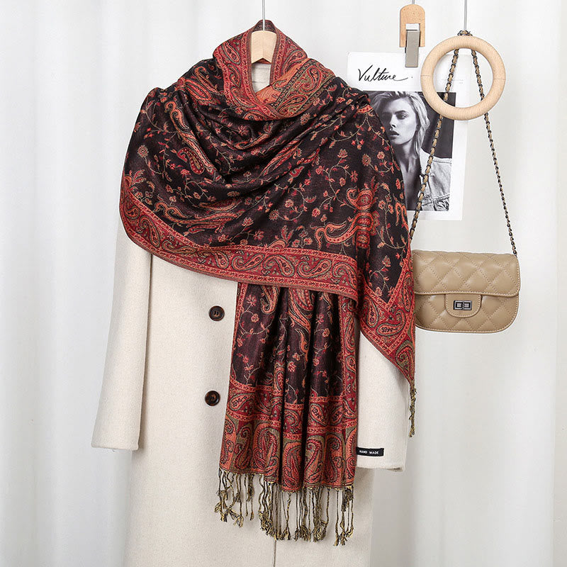 Chal con borlas y estampado de flores de anacardo tibetano con Buddha Stones para otoño e invierno, bufanda suave