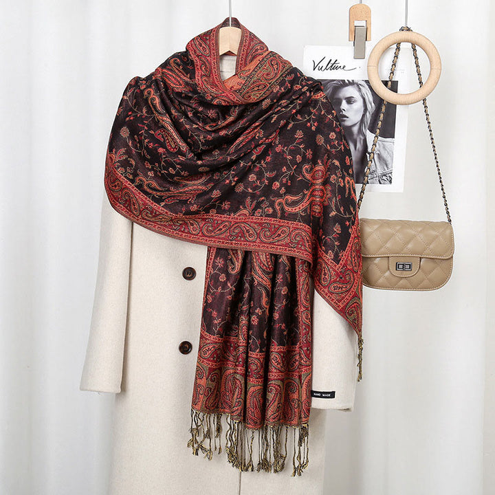 Chal con borlas y estampado de flores de anacardo tibetano con Buddha Stones para otoño e invierno, bufanda suave