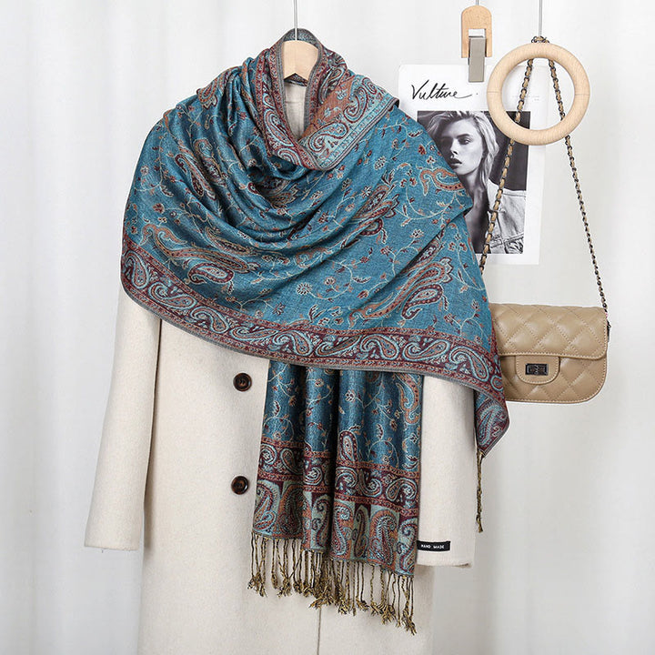 Chal con borlas y estampado de flores de anacardo tibetano con Buddha Stones para otoño e invierno, bufanda suave