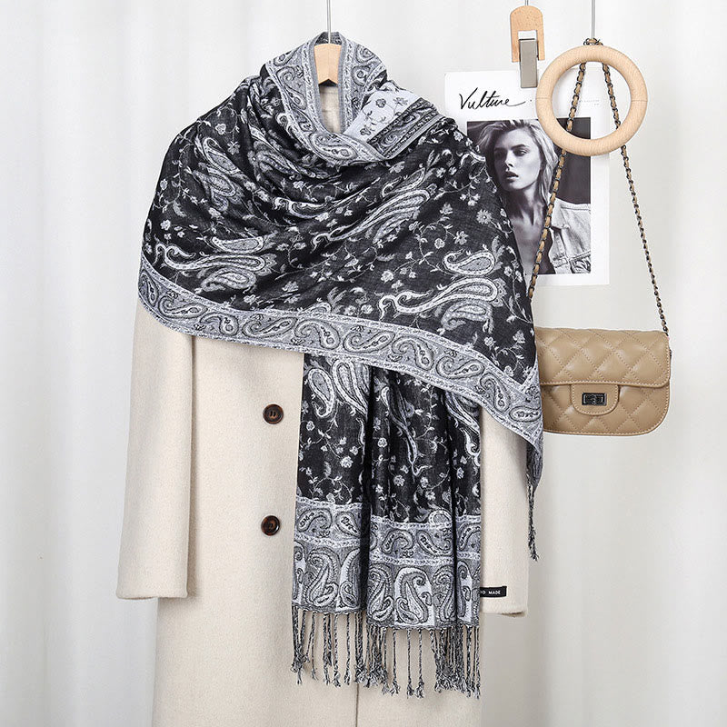 Chal con borlas y estampado de flores de anacardo tibetano con Buddha Stones para otoño e invierno, bufanda suave