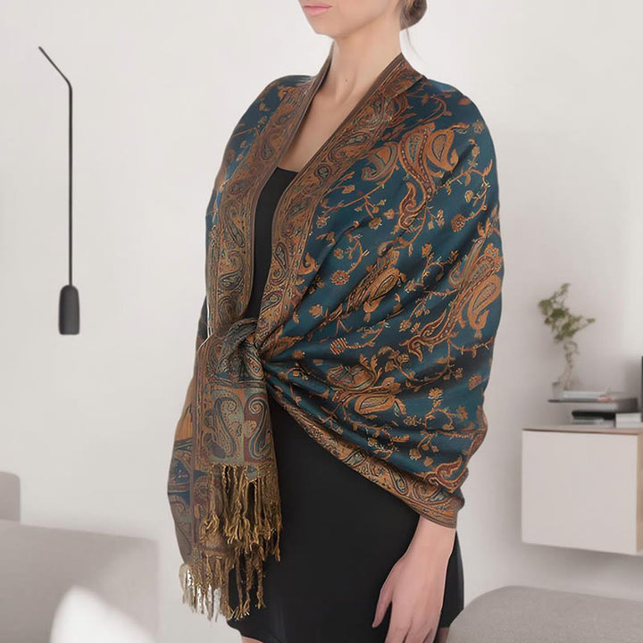 Chal con borlas y estampado de flores de anacardo tibetano con Buddha Stones para otoño e invierno, bufanda suave