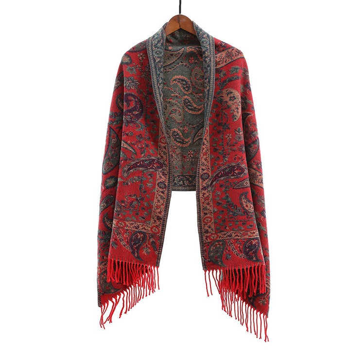 Chal de otoño-invierno suave y acogedor con borlas, hojas, flores de anacardo tibetanas , Buddha Stones y vid - image 9
