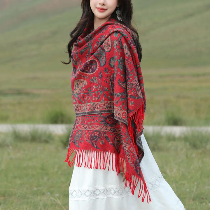 Chal de otoño-invierno suave y acogedor con borlas, hojas, flores de anacardo tibetanas , Buddha Stones y vid