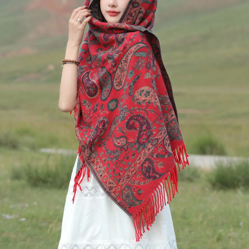 Chal de otoño-invierno suave y acogedor con borlas, hojas, flores de anacardo tibetanas , Buddha Stones y vid