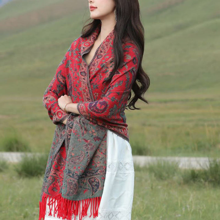 Chal de otoño-invierno suave y acogedor con borlas, hojas, flores de anacardo tibetanas , Buddha Stones y vid