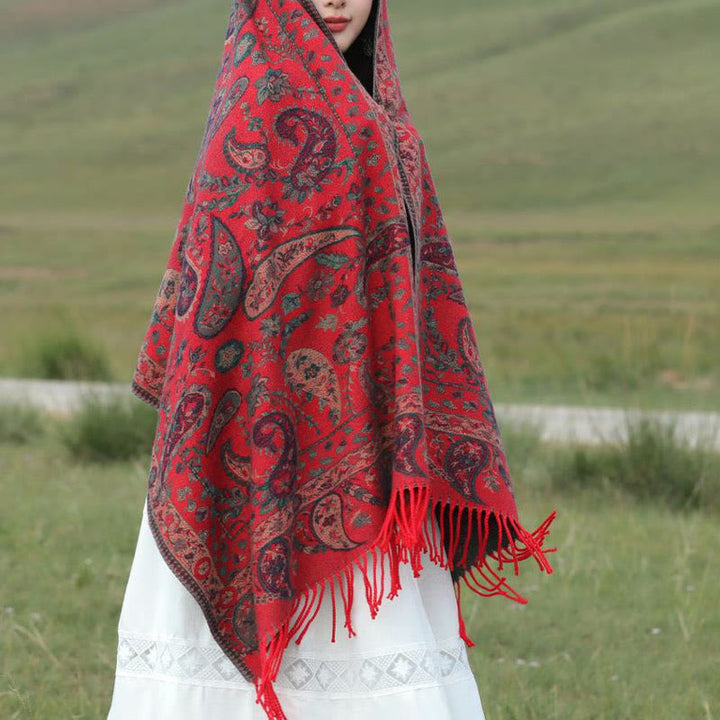 Chal de otoño-invierno suave y acogedor con borlas, hojas, flores de anacardo tibetanas , Buddha Stones y vid