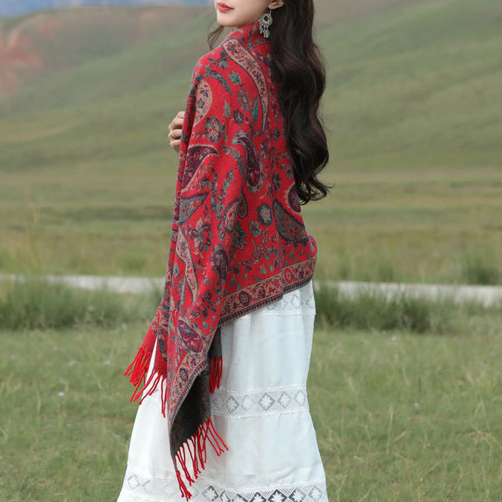 Chal de otoño-invierno suave y acogedor con borlas, hojas, flores de anacardo tibetanas , Buddha Stones y vid