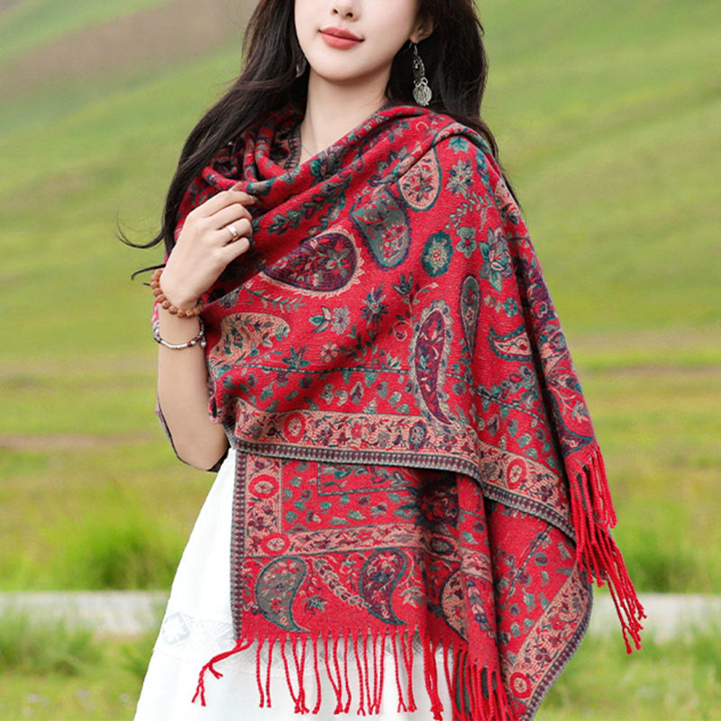 Chal de otoño-invierno suave y acogedor con borlas, hojas, flores de anacardo tibetanas , Buddha Stones y vid - Rojo 70*180cm - image 0