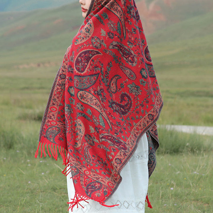Chal de otoño-invierno suave y acogedor con borlas, hojas, flores de anacardo tibetanas , Buddha Stones y vid