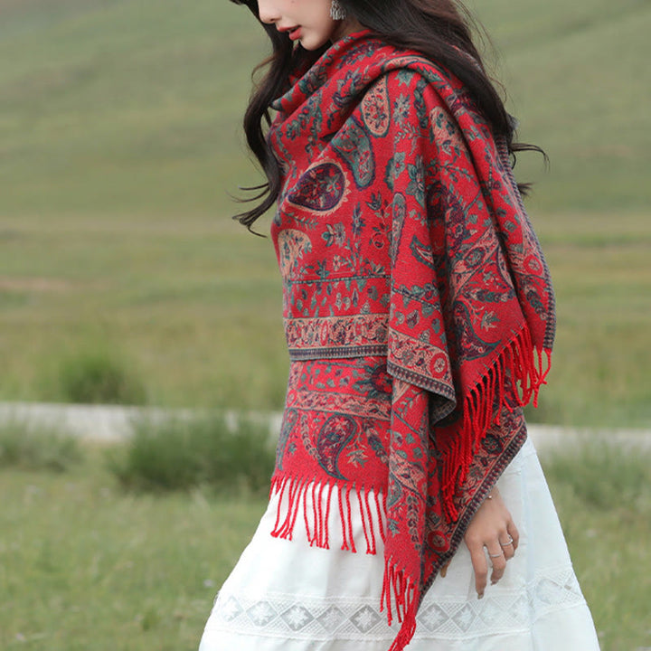 Chal de otoño-invierno suave y acogedor con borlas, hojas, flores de anacardo tibetanas , Buddha Stones y vid