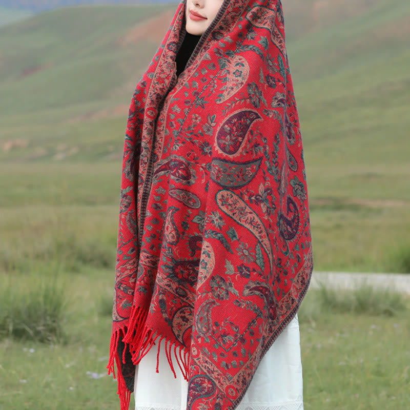 Chal de otoño-invierno suave y acogedor con borlas, hojas, flores de anacardo tibetanas , Buddha Stones y vid