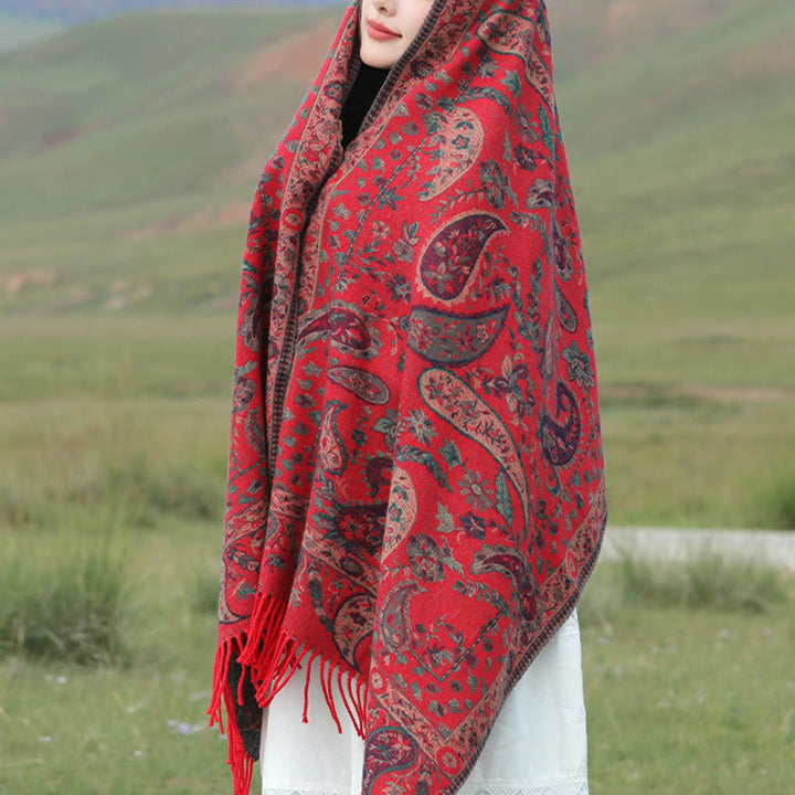 Chal de otoño-invierno suave y acogedor con borlas, hojas, flores de anacardo tibetanas , Buddha Stones y vid