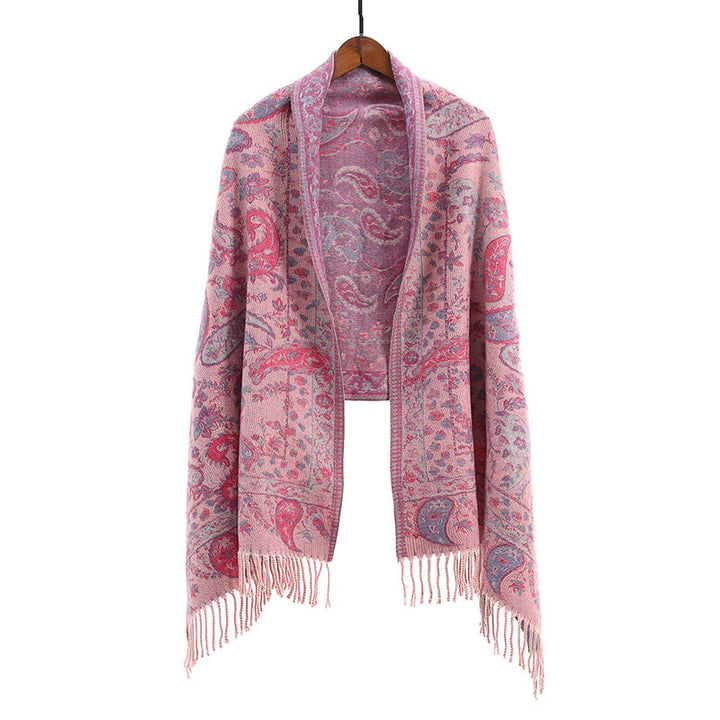 Chal de otoño-invierno suave y acogedor con borlas, hojas, flores de anacardo tibetanas , Buddha Stones y vid - image 13