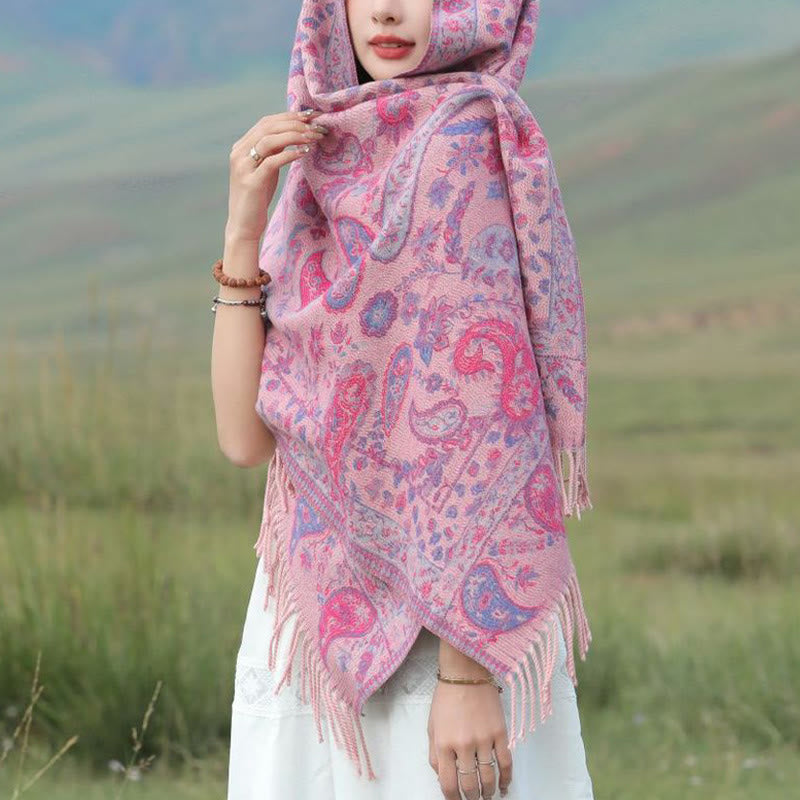 Chal de otoño-invierno suave y acogedor con borlas, hojas, flores de anacardo tibetanas , Buddha Stones y vid - Rosa rojo 70*180cm - image 10