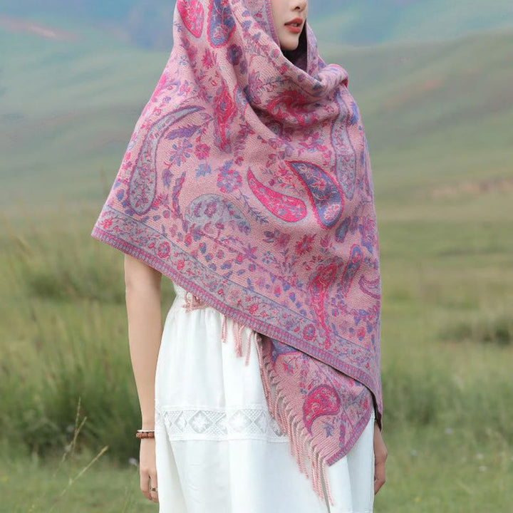 Chal de otoño-invierno suave y acogedor con borlas, hojas, flores de anacardo tibetanas , Buddha Stones y vid - image 11