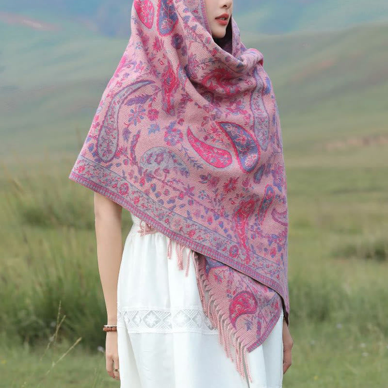 Chal de otoño-invierno suave y acogedor con borlas, hojas, flores de anacardo tibetanas , Buddha Stones y vid