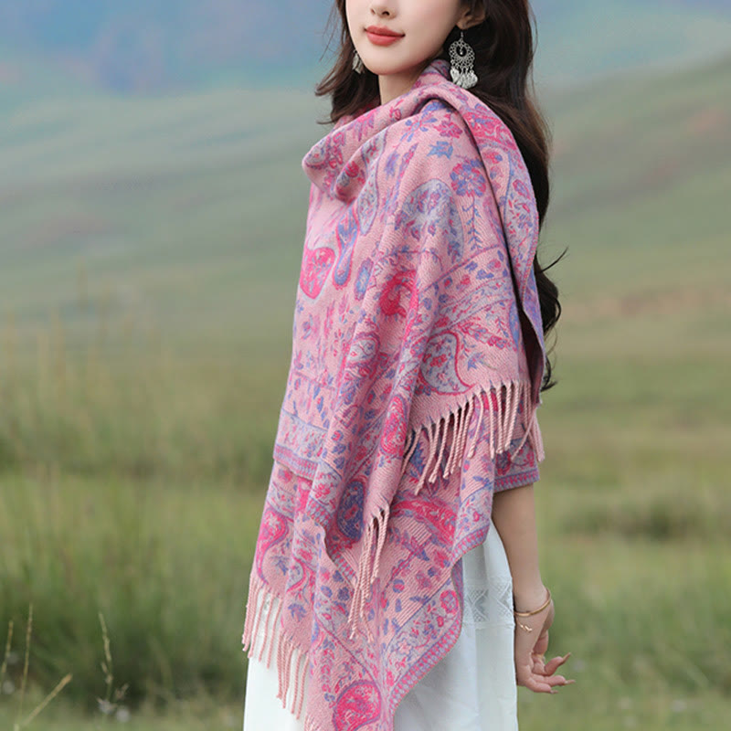 Chal de otoño-invierno suave y acogedor con borlas, hojas, flores de anacardo tibetanas , Buddha Stones y vid