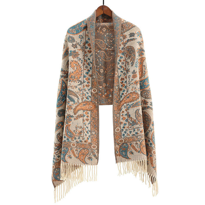Chal de otoño-invierno suave y acogedor con borlas, hojas, flores de anacardo tibetanas , Buddha Stones y vid - image 26