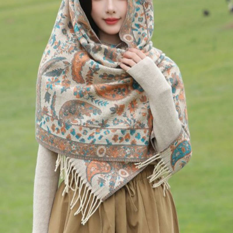 Chal de otoño-invierno suave y acogedor con borlas, hojas, flores de anacardo tibetanas , Buddha Stones y vid