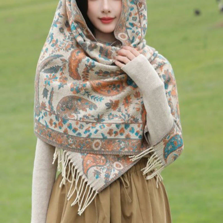Chal de otoño-invierno suave y acogedor con borlas, hojas, flores de anacardo tibetanas , Buddha Stones y vid