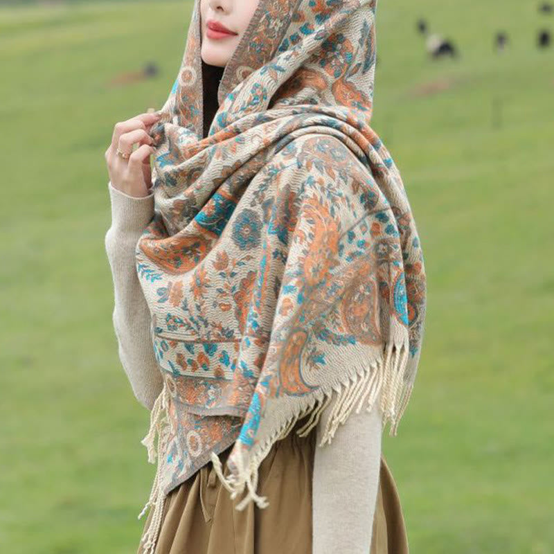 Chal de otoño-invierno suave y acogedor con borlas, hojas, flores de anacardo tibetanas , Buddha Stones y vid