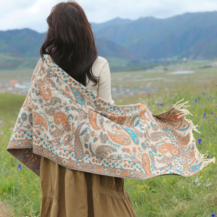 Chal de otoño-invierno suave y acogedor con borlas, hojas, flores de anacardo tibetanas , Buddha Stones y vid