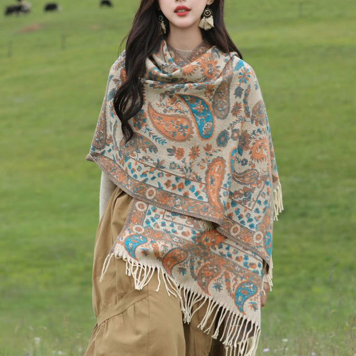 Chal de otoño-invierno suave y acogedor con borlas, hojas, flores de anacardo tibetanas , Buddha Stones y vid
